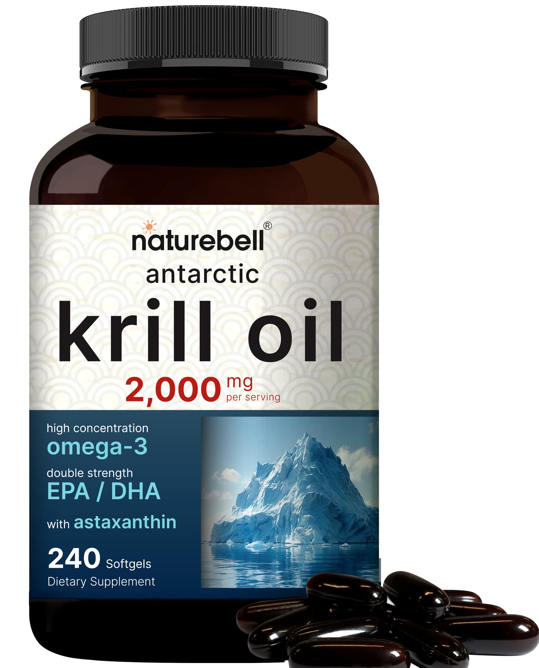 NatureBell Antarctic Krill Oil bottle showing softgels designed for omega-3 support