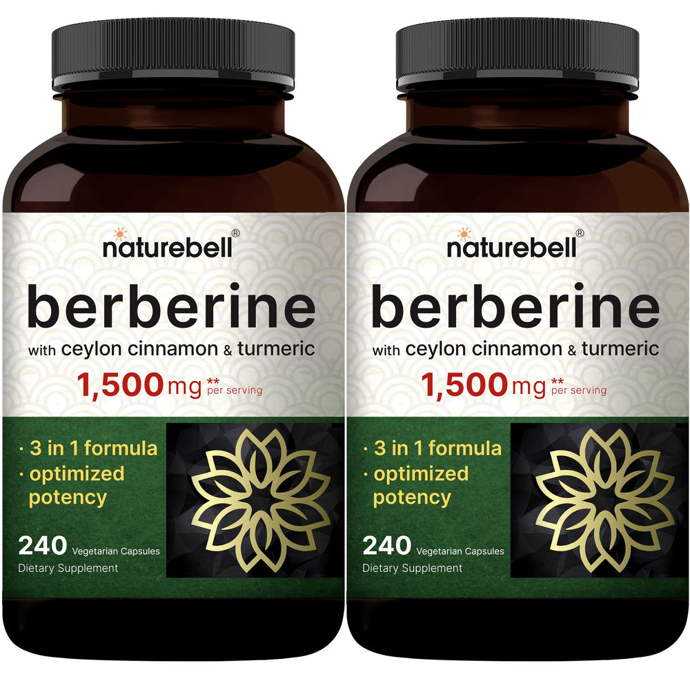 NatureBell Berberine bottle pour highlights a 3-in-1 blend for daily wellness