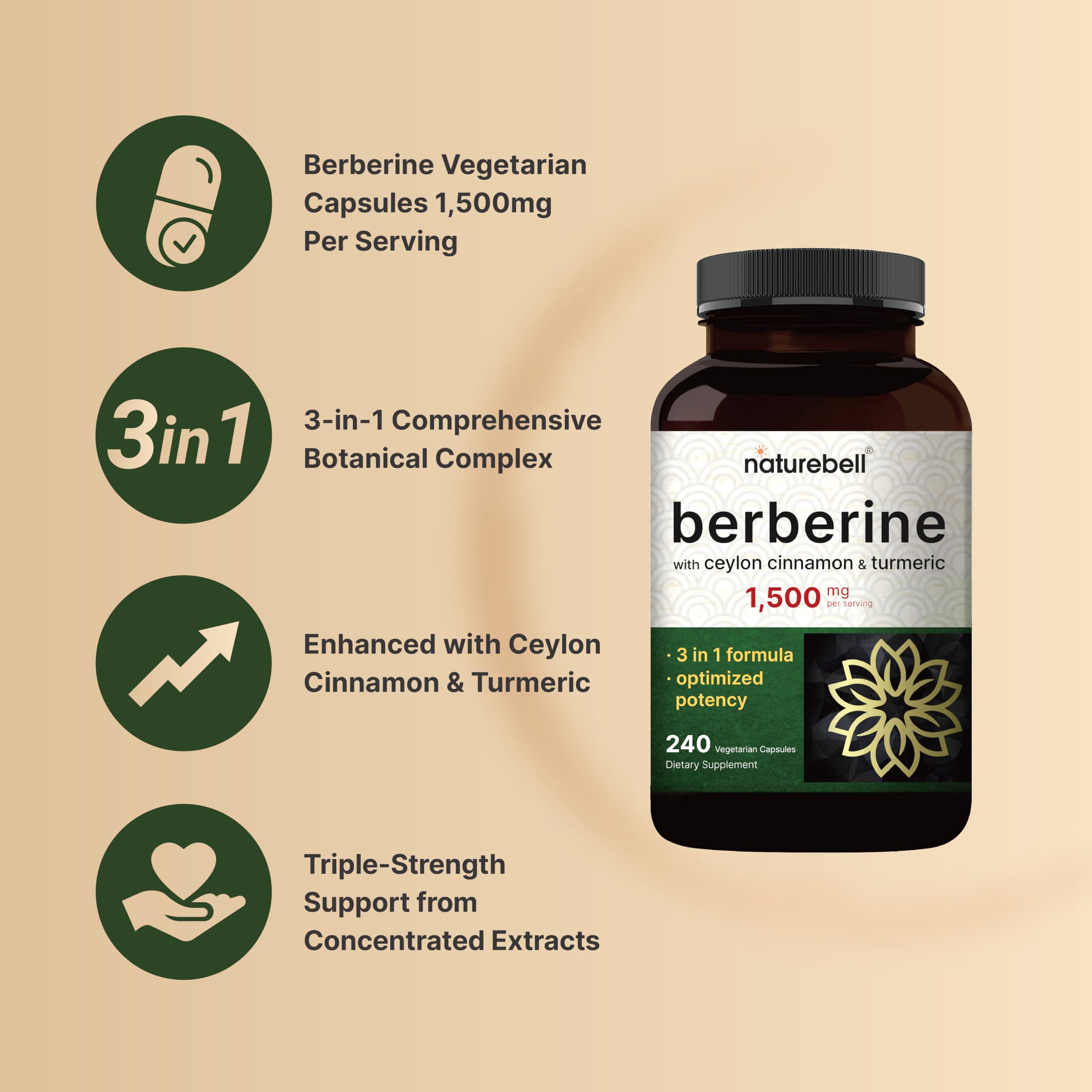NatureBell Berberine ingredients label highlights berberine, cinnamon, turmeric