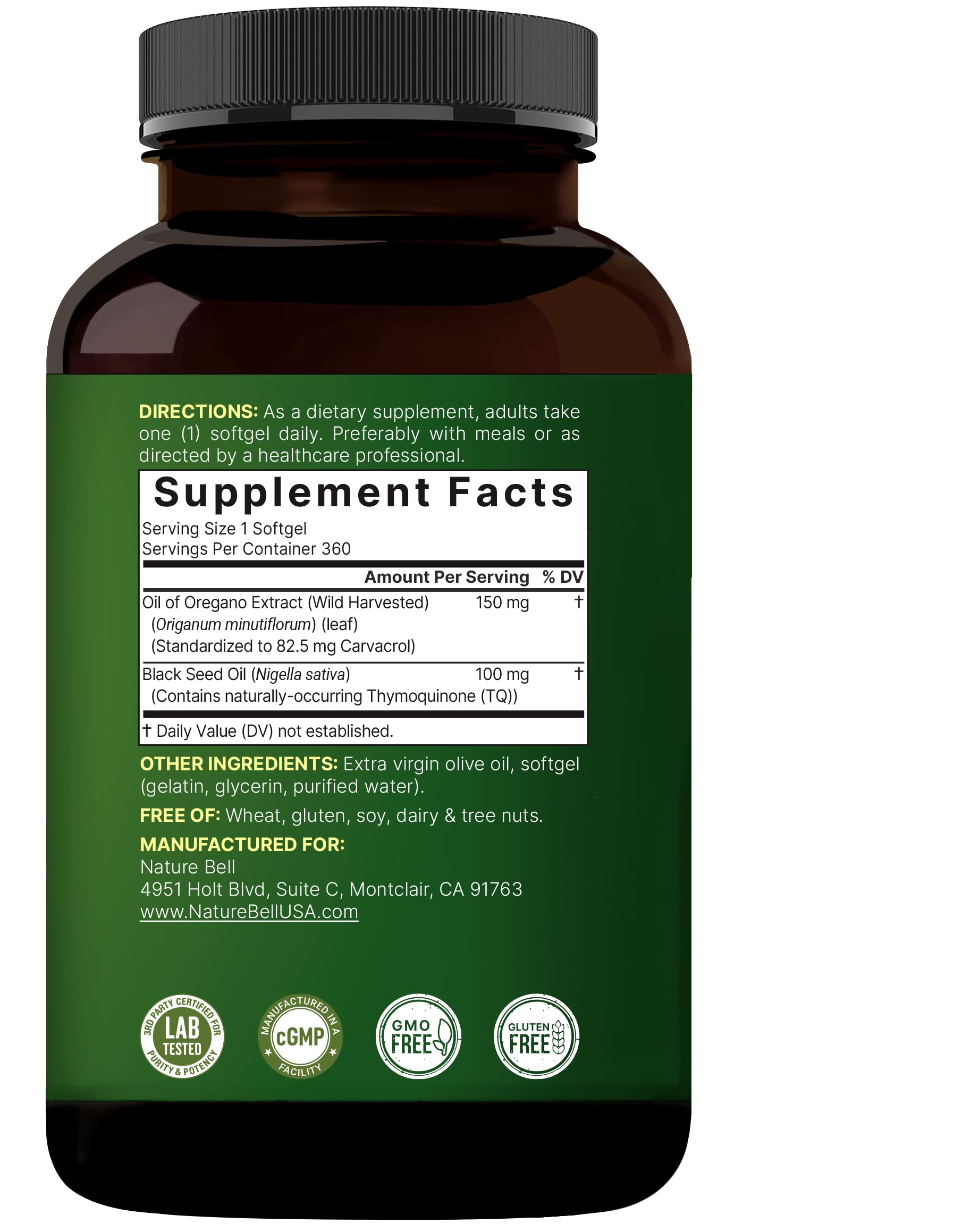 NatureBell bottle shows non-GMO and allergen-free icons for dietary suitability.