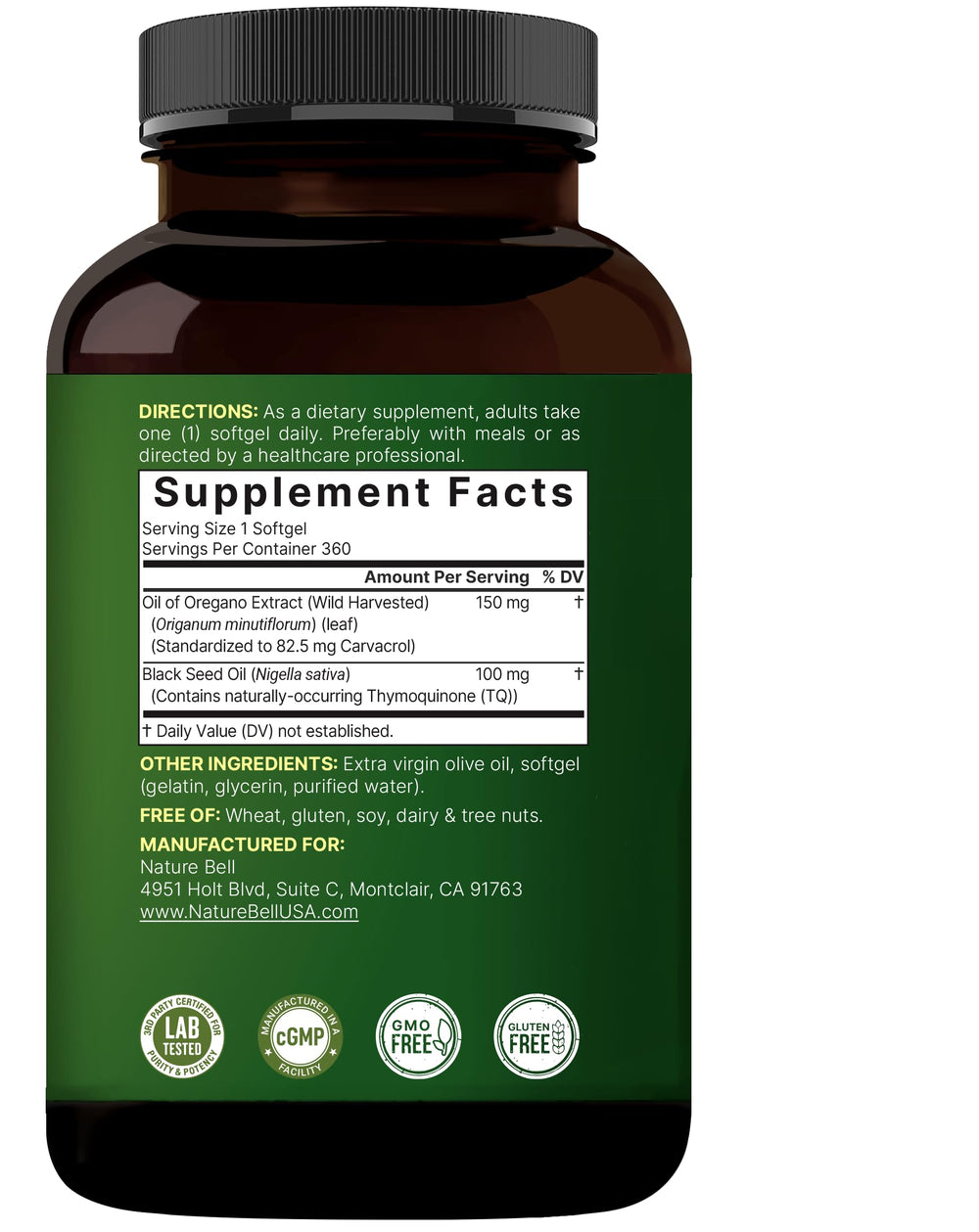 NatureBell bottle shows non-GMO and allergen-free icons for dietary suitability.