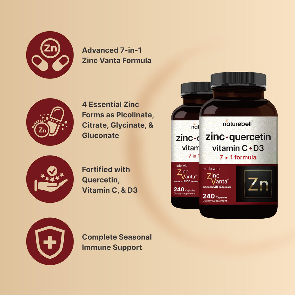 NatureBell bottle label highlights quercetin, zinc, C and D3