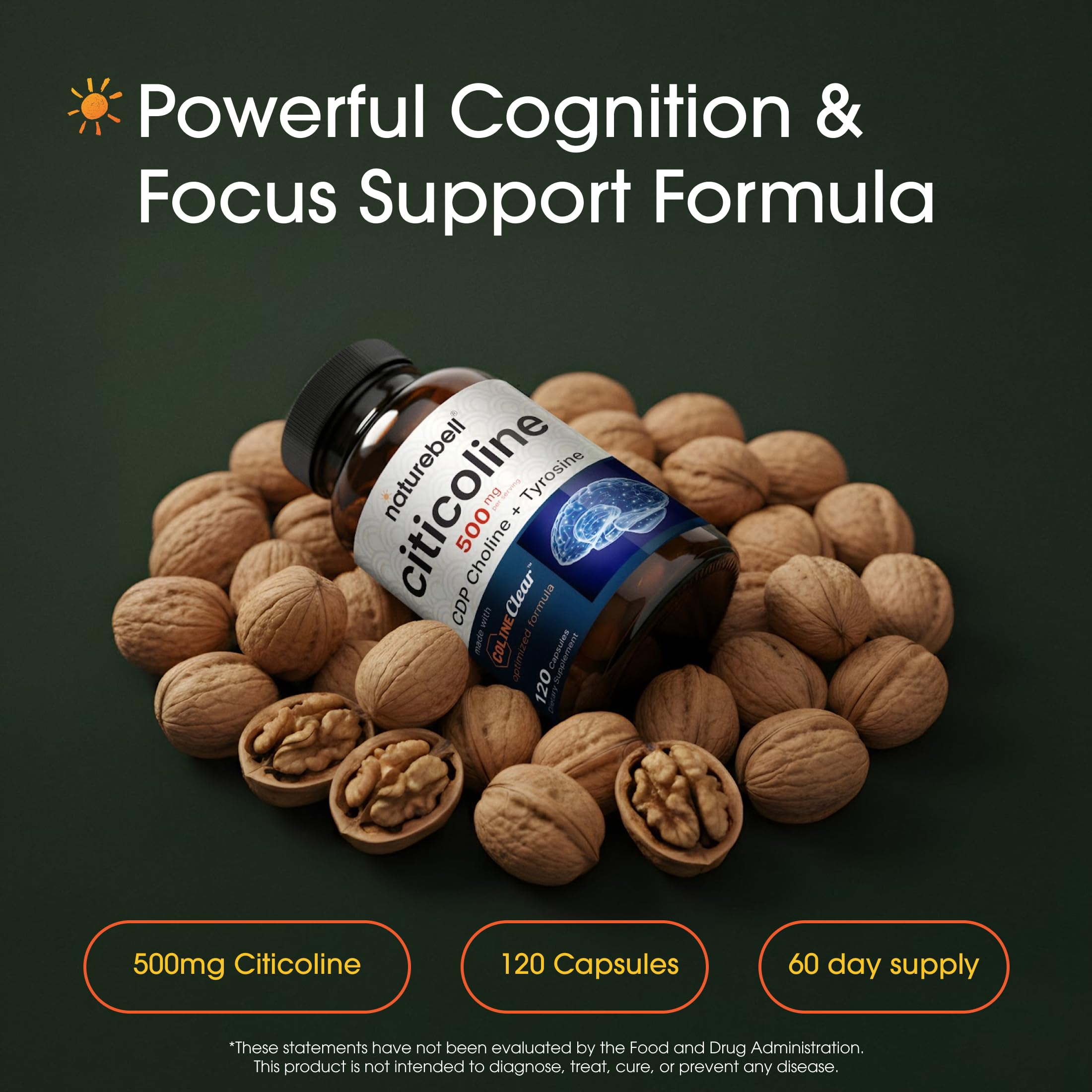 NatureBell Citicoline capsules close-up emphasizing fast-absorbing brain support