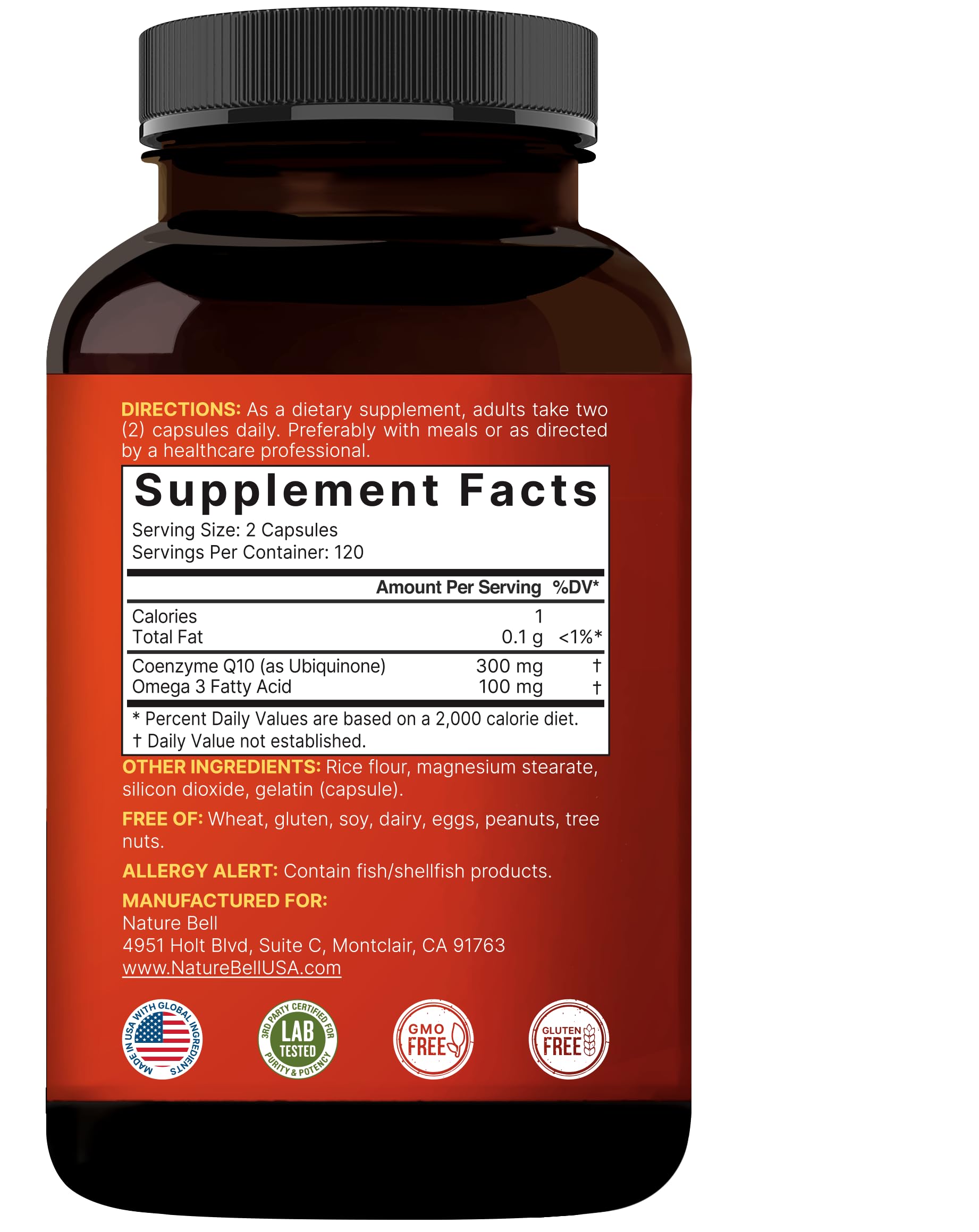 NatureBell CoQ10 bottle with nutritional facts for informed choices.
