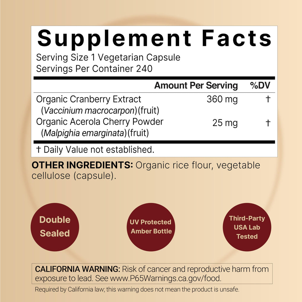 NatureBell Cranberry Acerola capsules closeup highlighting vegetarian capsules.