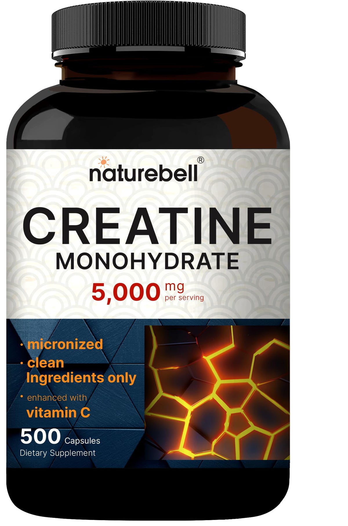 NatureBell Creatine Capsules bottle front view for a trusted pre-workout option.
