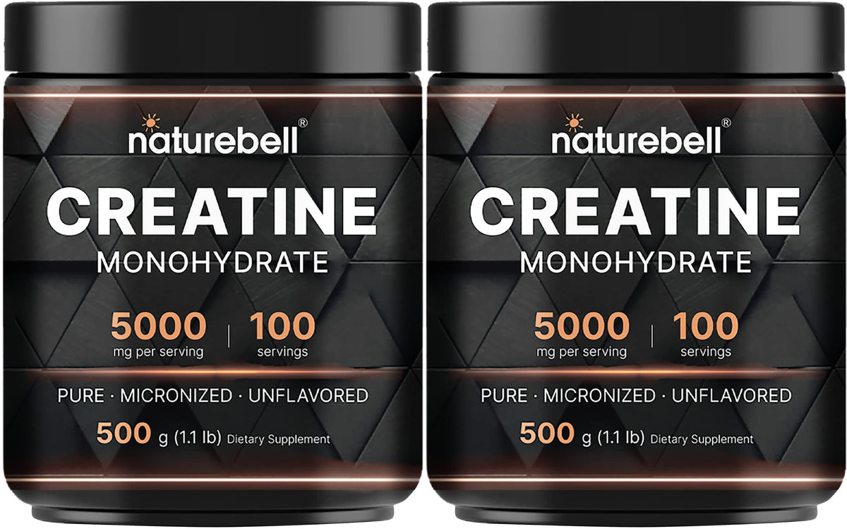 NatureBell creatine monohydrate two-pack containers for reliable pre- and post-workout support