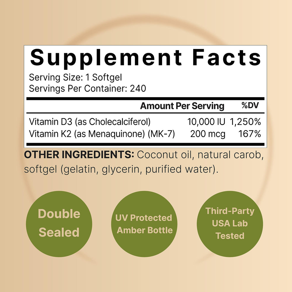 NatureBell Vitamin D3 + K2 coconut oil infusion softgels closeup highlighting absorption