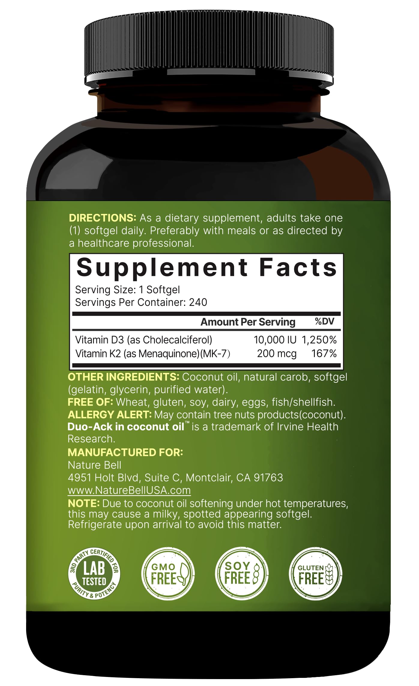 NatureBell D3 + K2 label focus highlighting non-GMO and allergen info