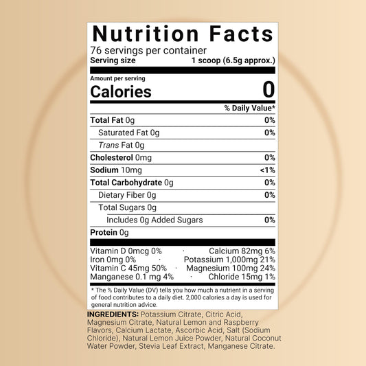 NatureBell Electrolytes Powder label close-up shows potassium-rich formula for balanced hydration.