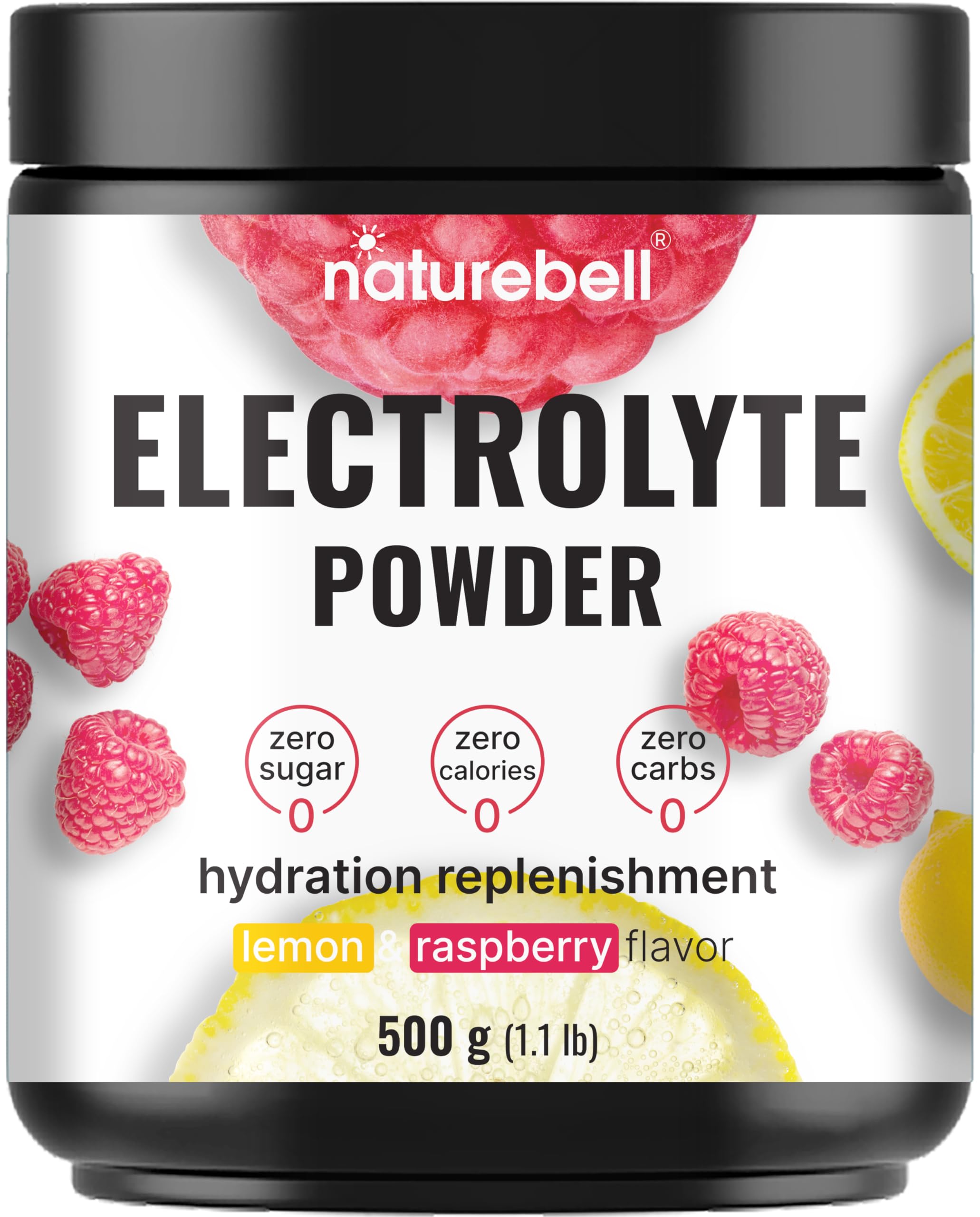 NatureBell Electrolytes Powder lemon-raspberry tub front highlights hydration support for daily activities.