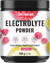 NatureBell Electrolytes Powder lemon-raspberry tub front highlights hydration support for daily activities.
