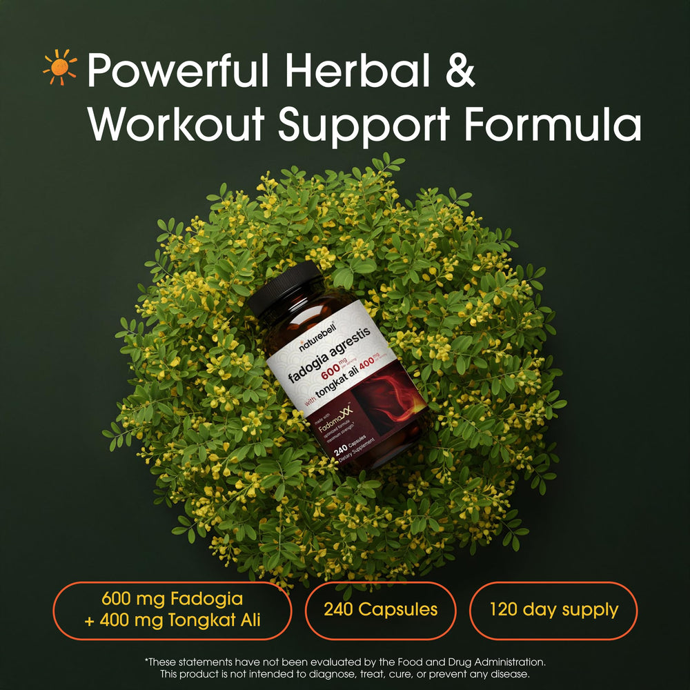 NatureBell Fadogia Agrestis bottle pour suggests easy daily dosing for energy.