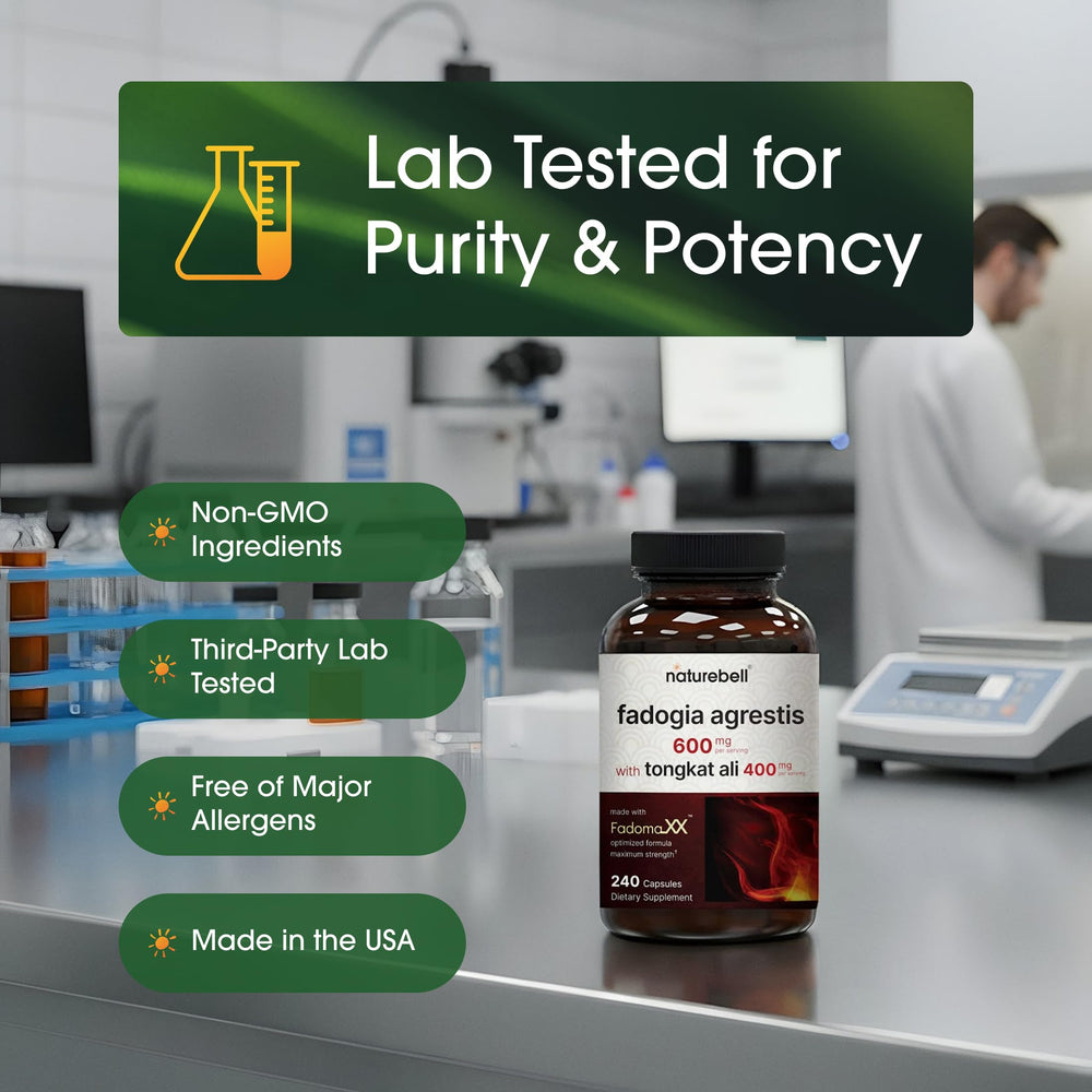 NatureBell Fadogia Agrestis label detail notes non-GMO and gluten-free ingredients.