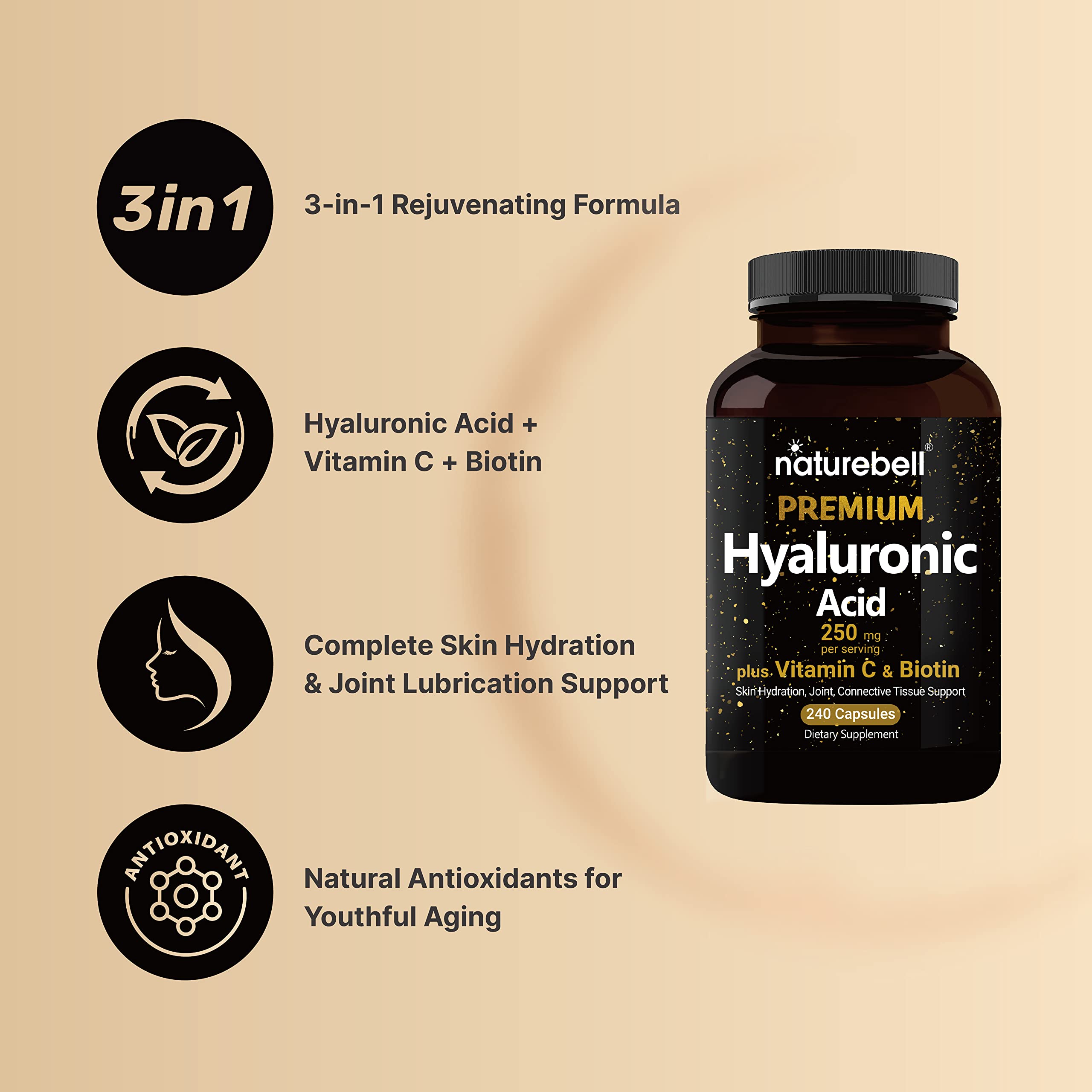 NatureBell hyaluronic acid ingredient label emphasizes non-GMO features.