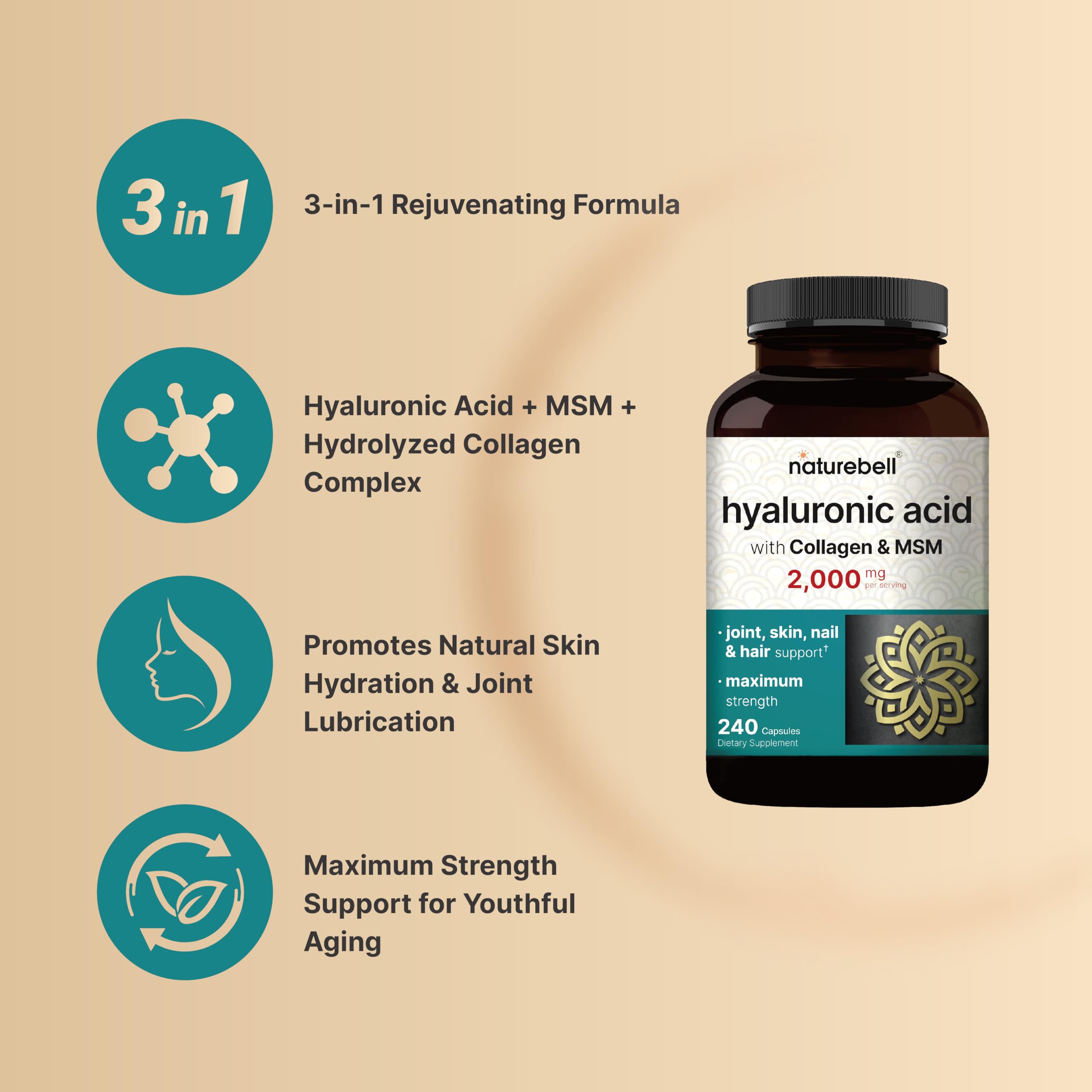 NatureBell hyaluronic acid ingredients label highlights non GMO and allergen free.