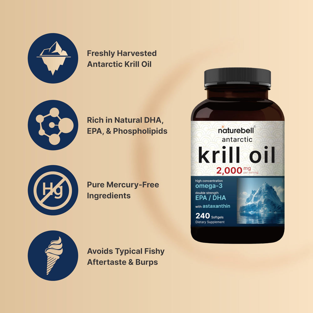 NatureBell Krill Oil bottle label highlighting non-GMO and mercury-free ingredients