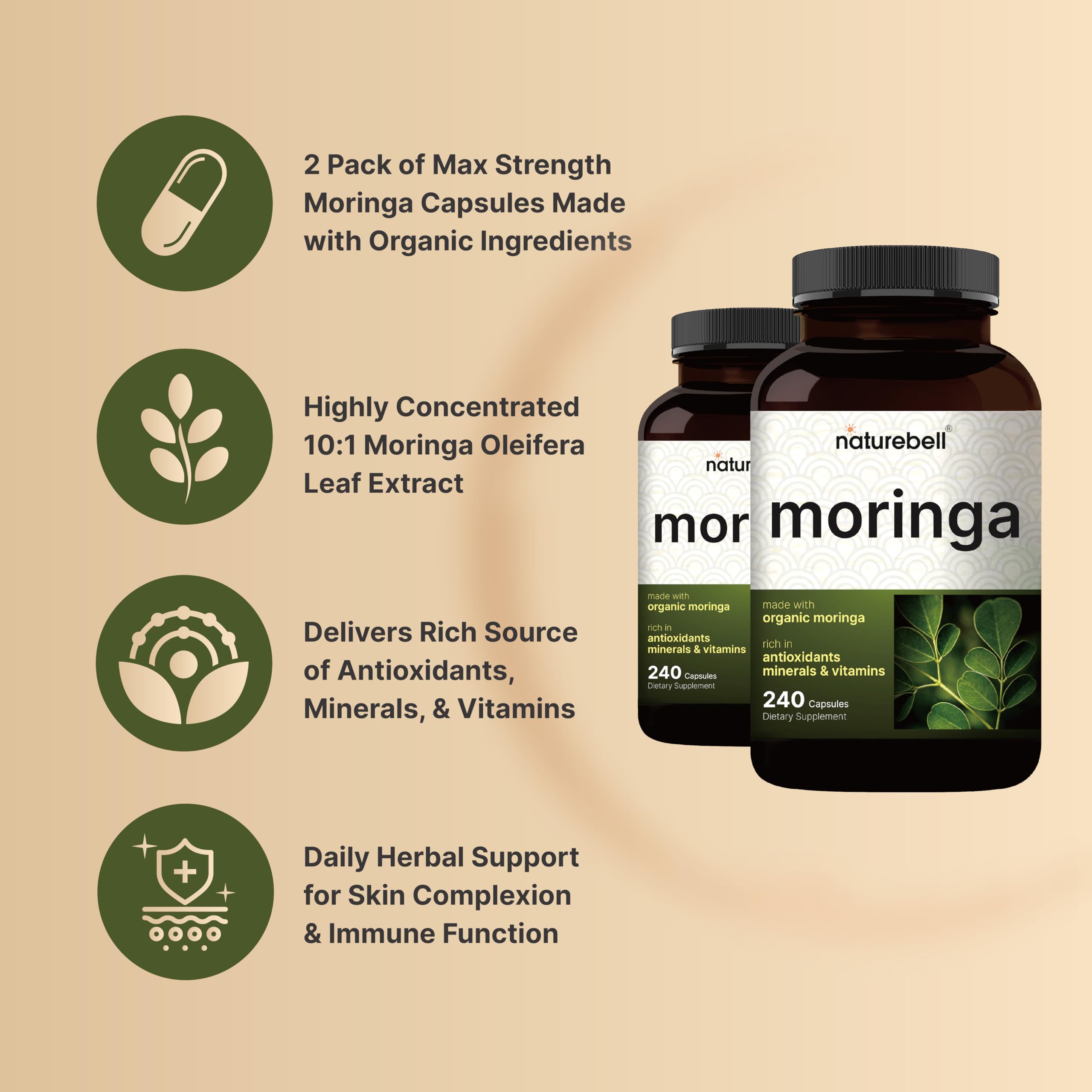 NatureBell Moringa capsules closeup, highlighting capsule texture and potency.