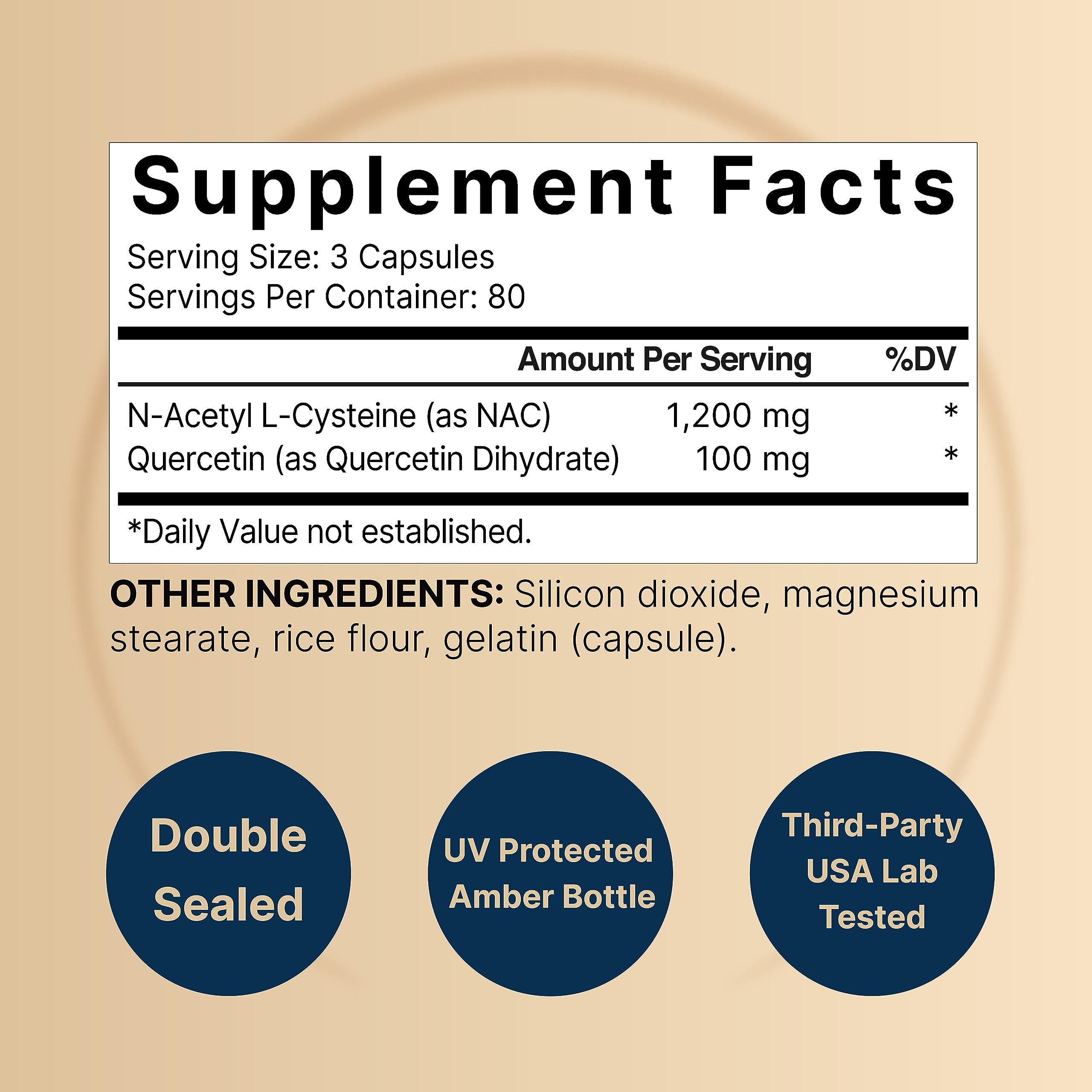 NatureBell NAC + Quercetin 2-Pack bottle back with ingredient highlights and non-GMO claim