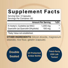 NatureBell NAC + Quercetin 2-Pack bottle back with ingredient highlights and non-GMO claim
