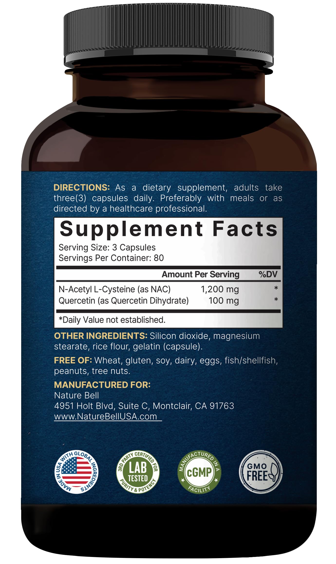 NatureBell NAC + Quercetin lab-tested seal for safety and quality
