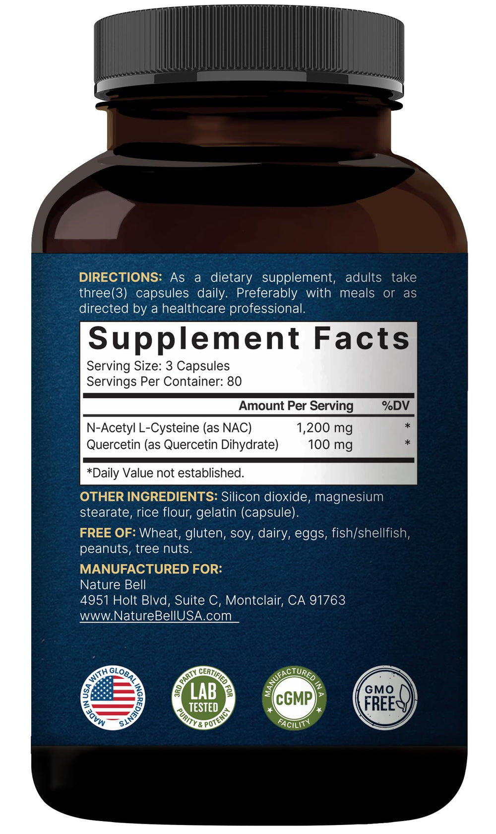 NatureBell NAC + Quercetin lab-tested seal for safety and quality