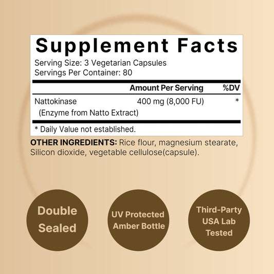 NatureBell nattokinase bottle label detailing natto-derived enzyme and potency