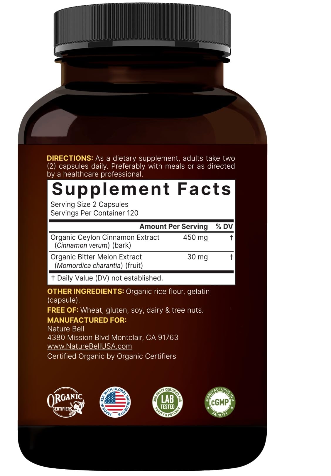 NatureBell Non-GMO and gluten-free icons beside capsules