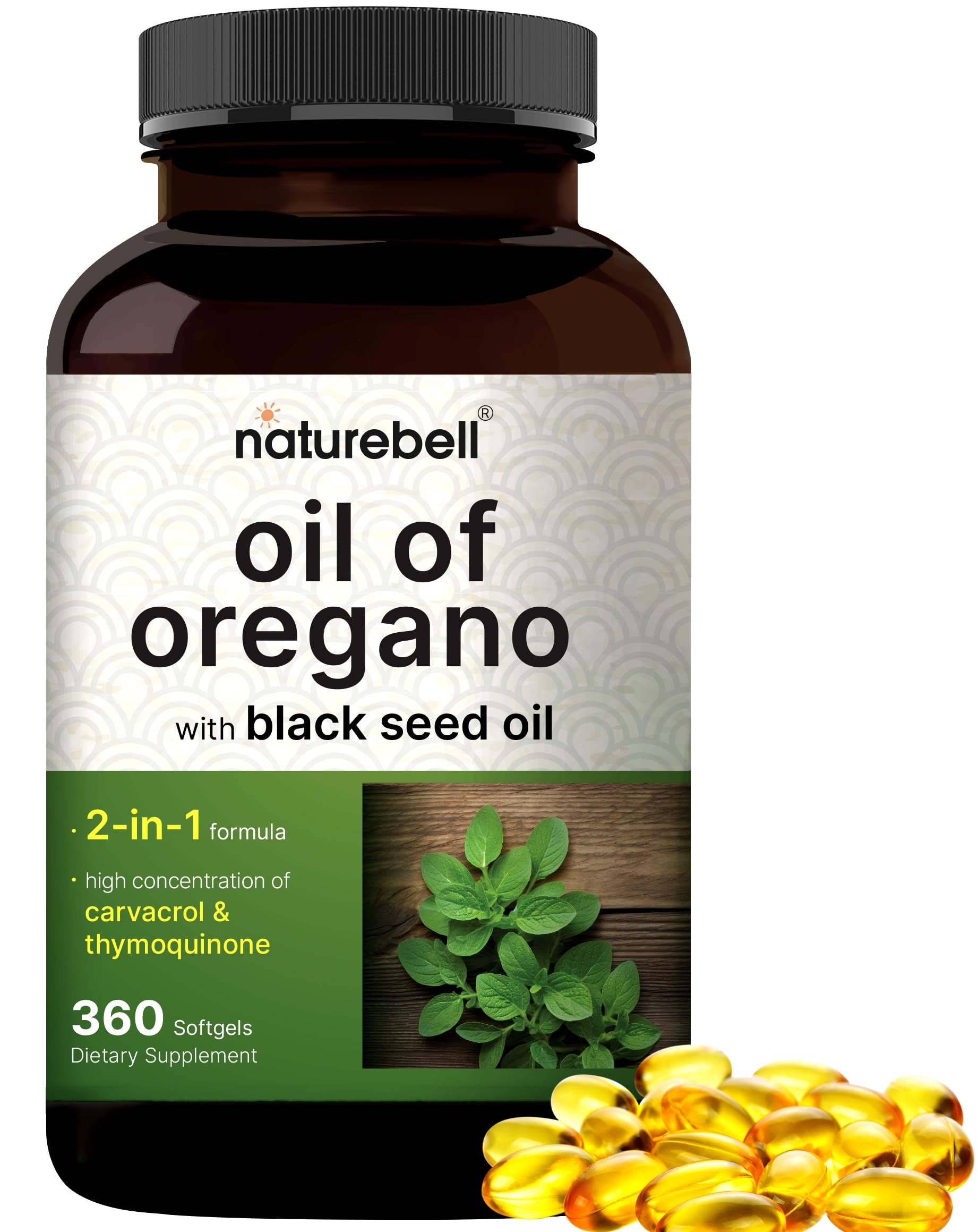 NatureBell Oil of Oregano with Black Seed Oil softgels bottle for immune support.