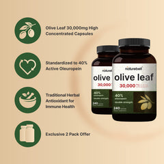 NatureBell Olive Leaf Extract bottle label detail emphasizes 50:1 concentrate and flavonoids for antioxidants.