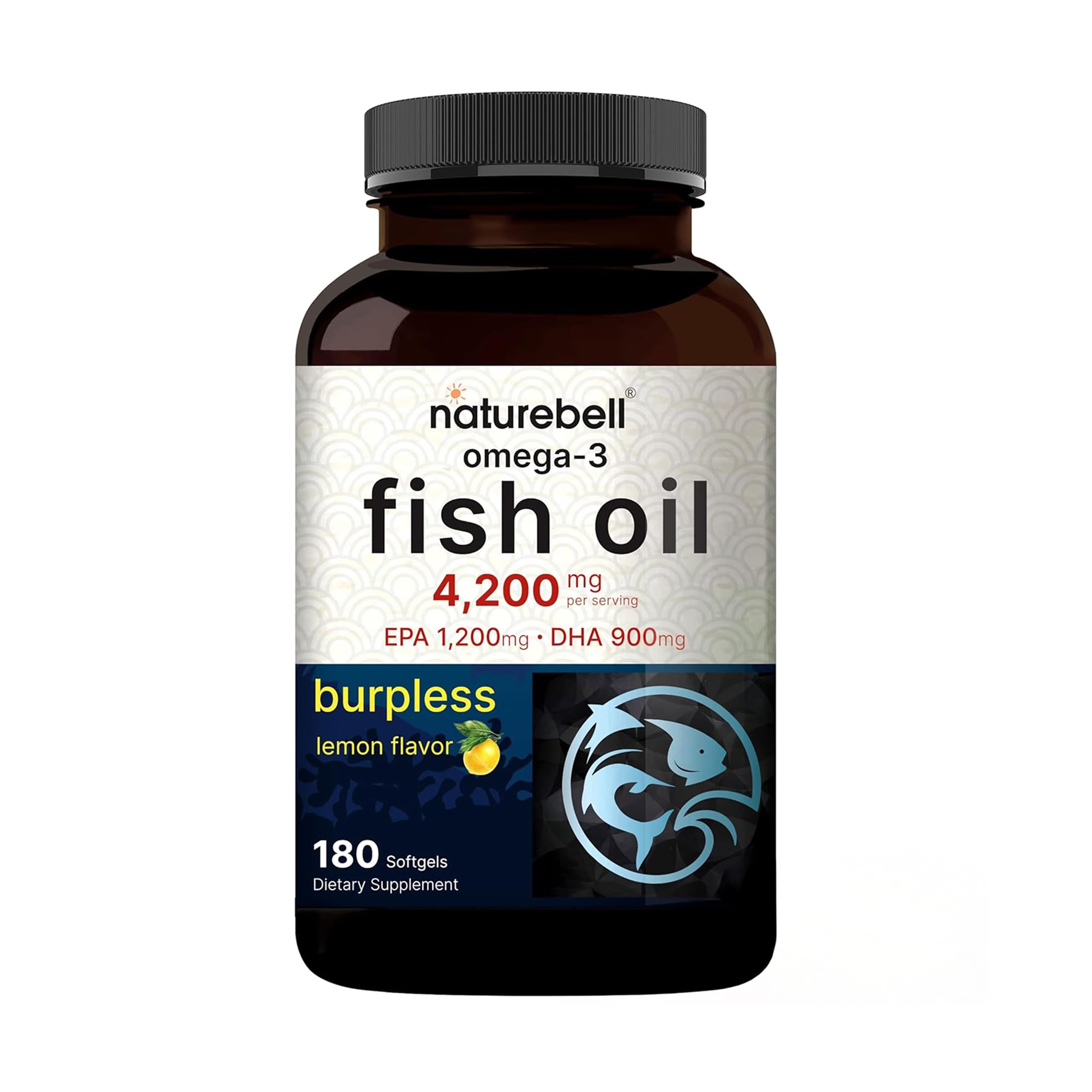 NatureBell Omega-3 bottle front with lemon flavor emphasis for daily heart and brain support
