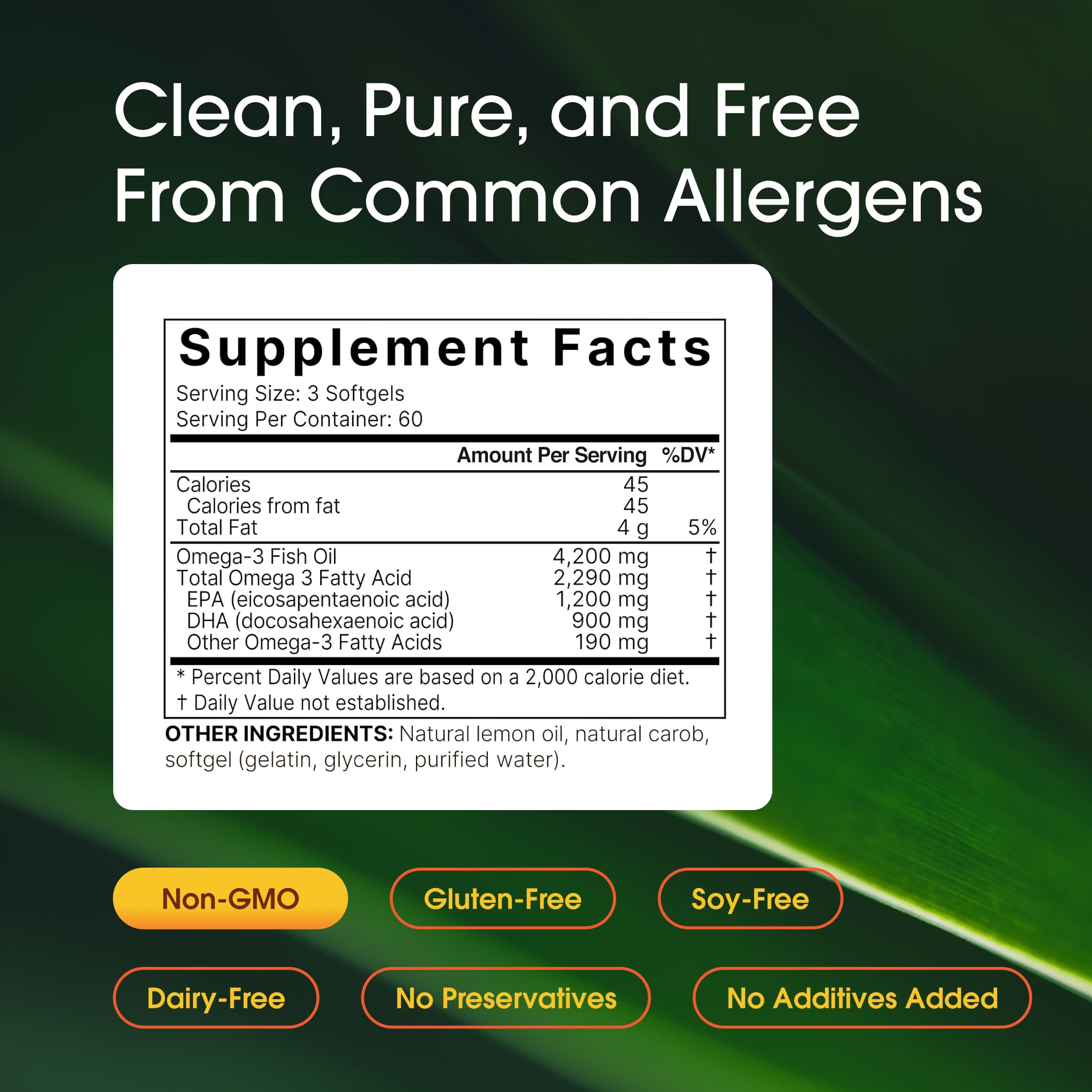 Closeup of NatureBell Omega-3 softgels highlighting lemon scent and burpless design