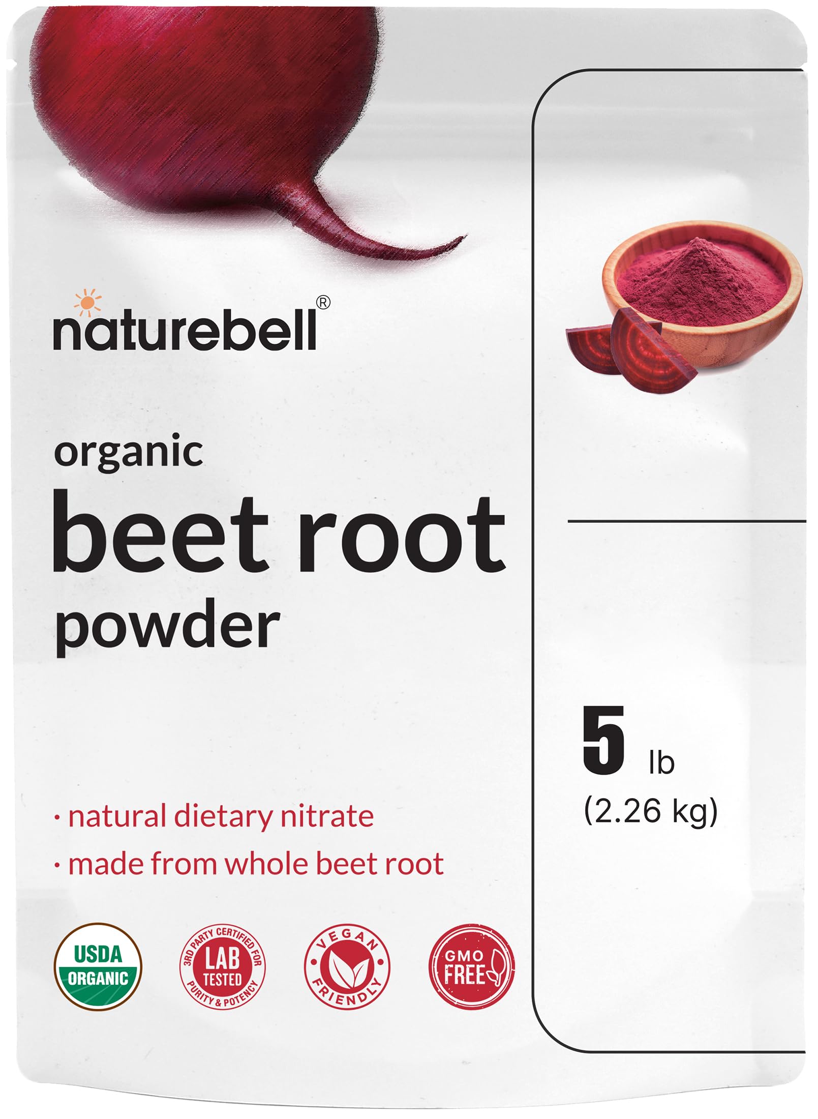 NatureBell Organic Beet Root Powder in a 5 lb pouch, high nitrate content for vegan shakes.