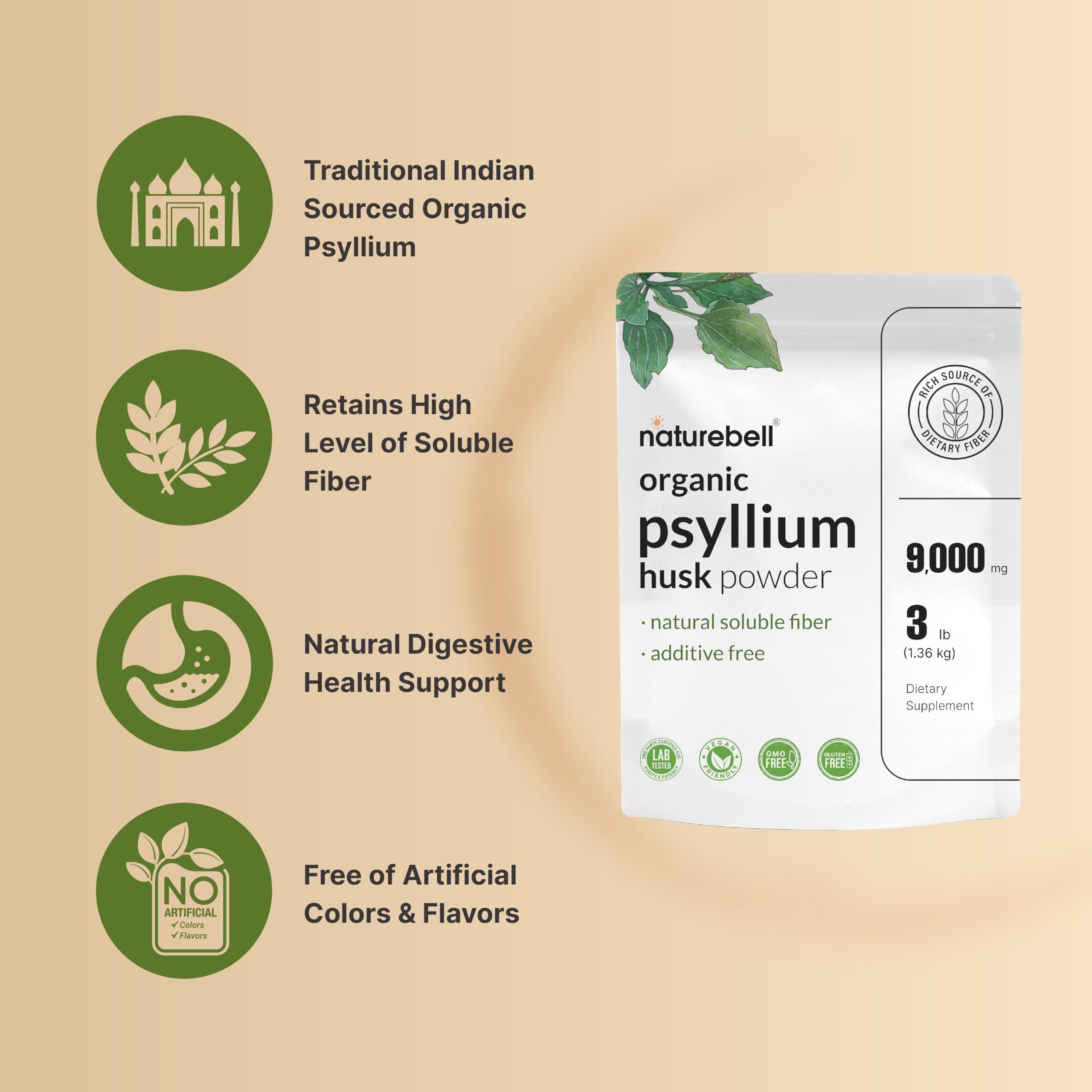 NatureBell organic psyllium husk seed and husk blend emphasizes potent soluble fiber for consistency.