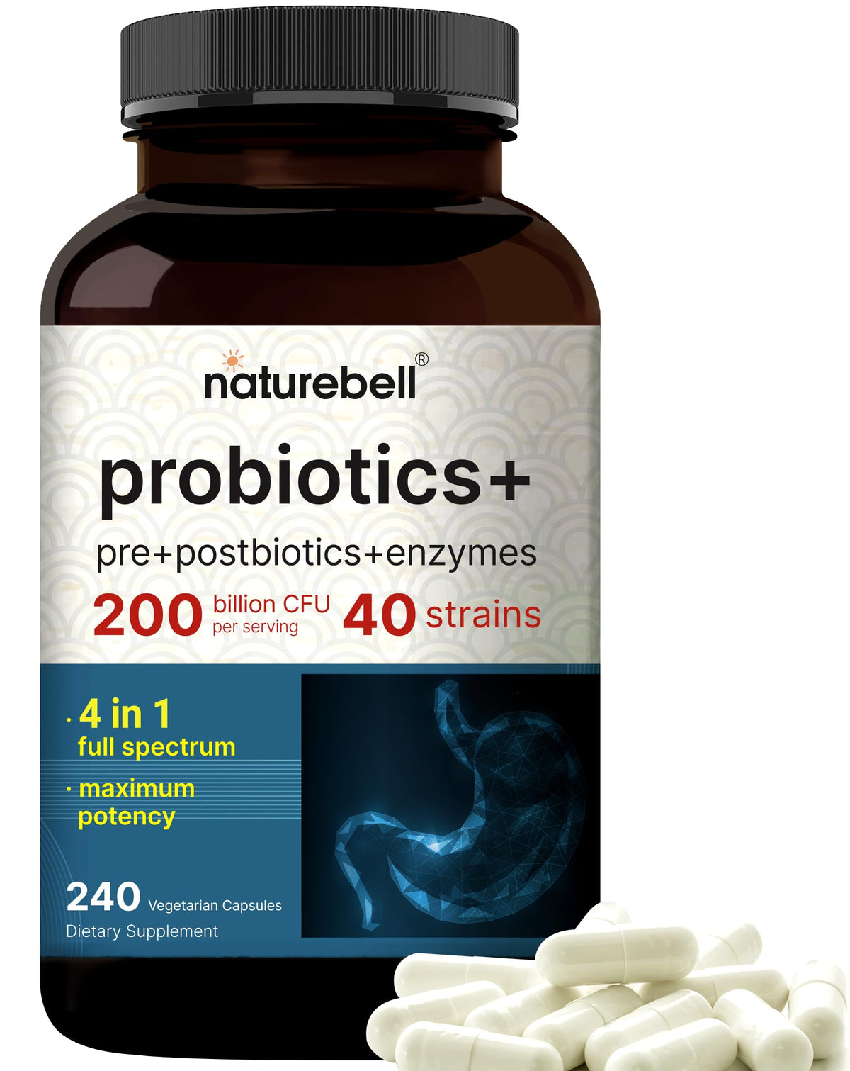 NatureBell Probiotic 200B CFU bottle on shelf for daily digestive support.