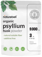 NatureBell psyllium husk fiber powder bottle highlights a pure organic fiber source for daily digestion.
