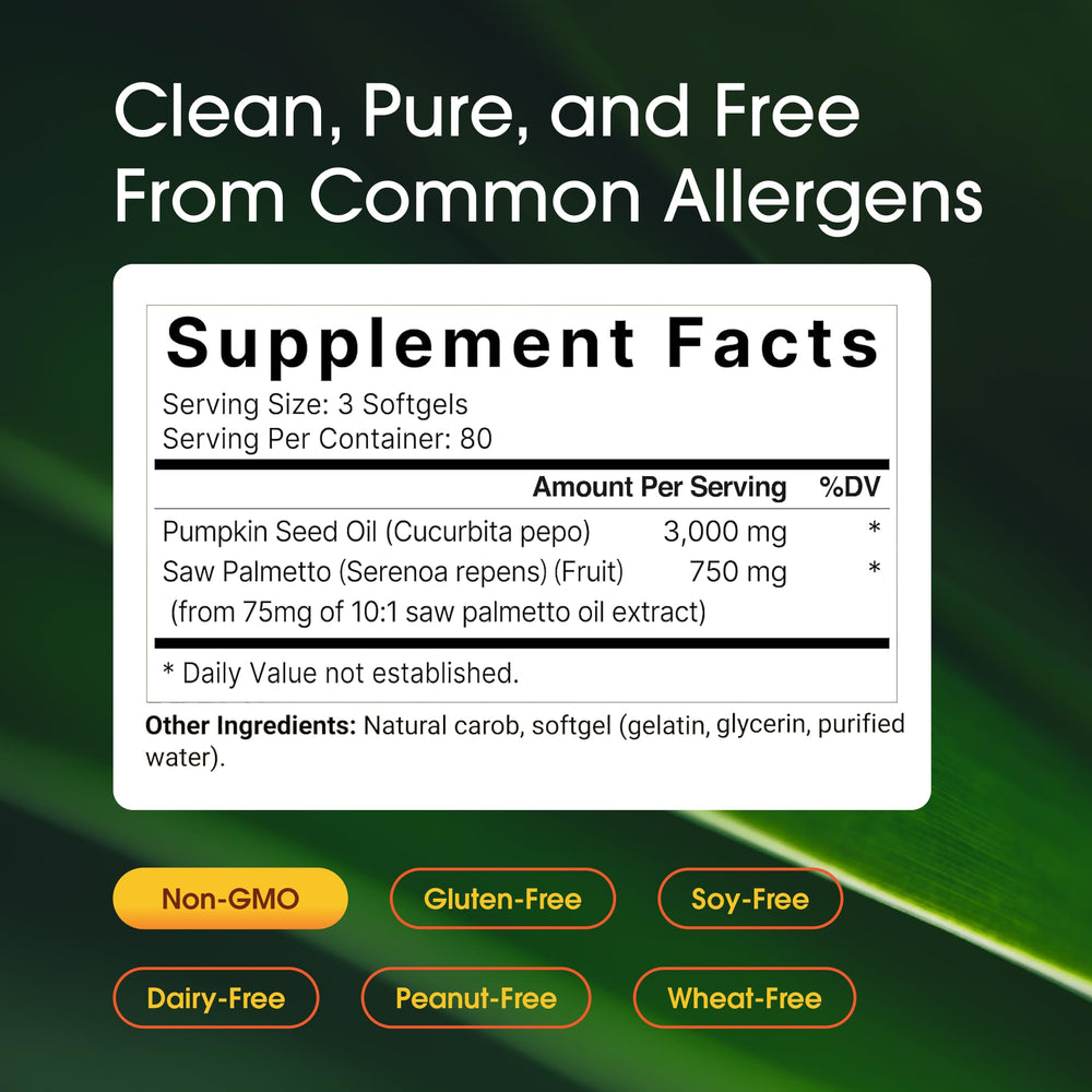 NatureBell Pumpkin Seed Oil packaging highlights third-party testing and allergen-free formula.