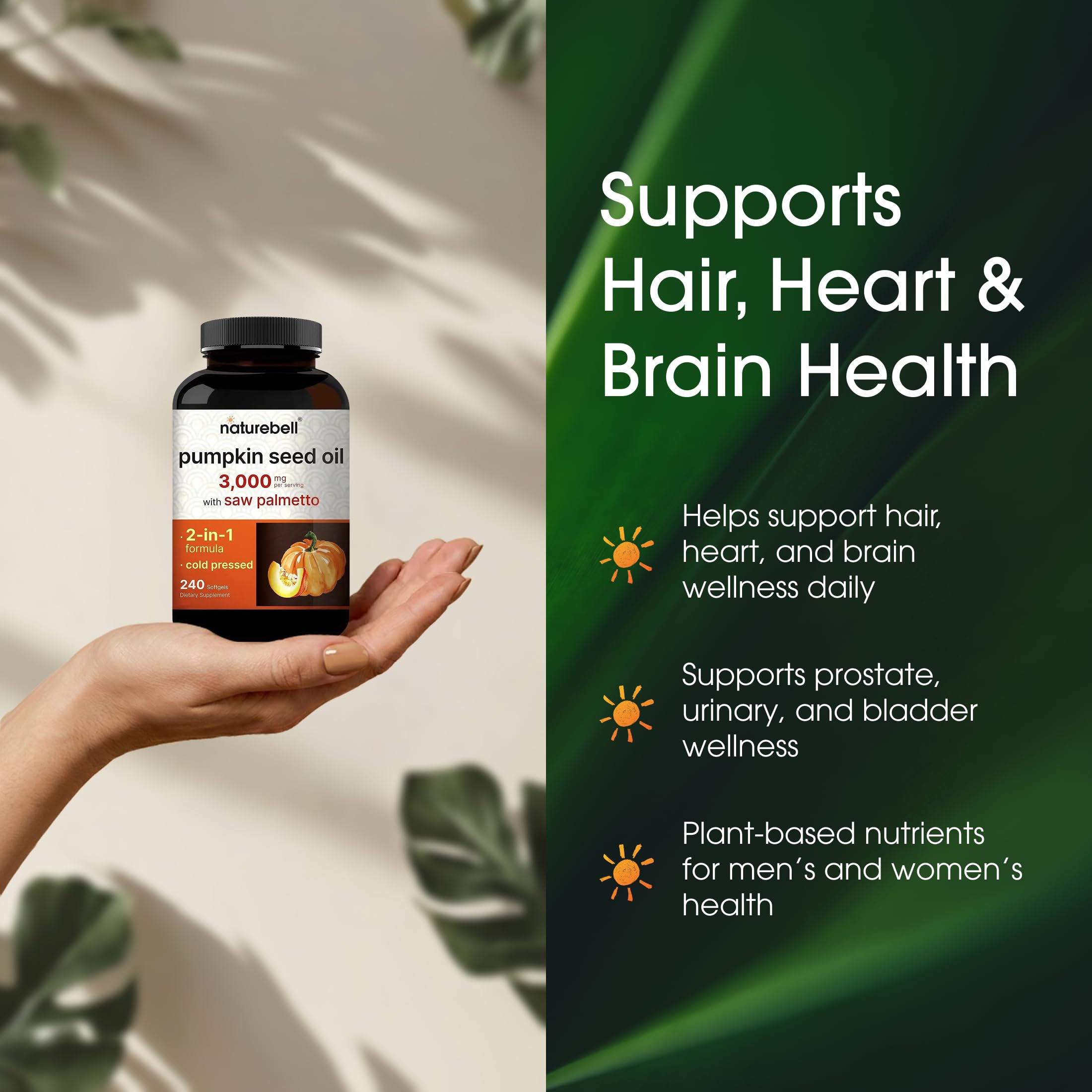 NatureBell Pumpkin Seed Oil bottle with pills supports a simple daily wellness routine.