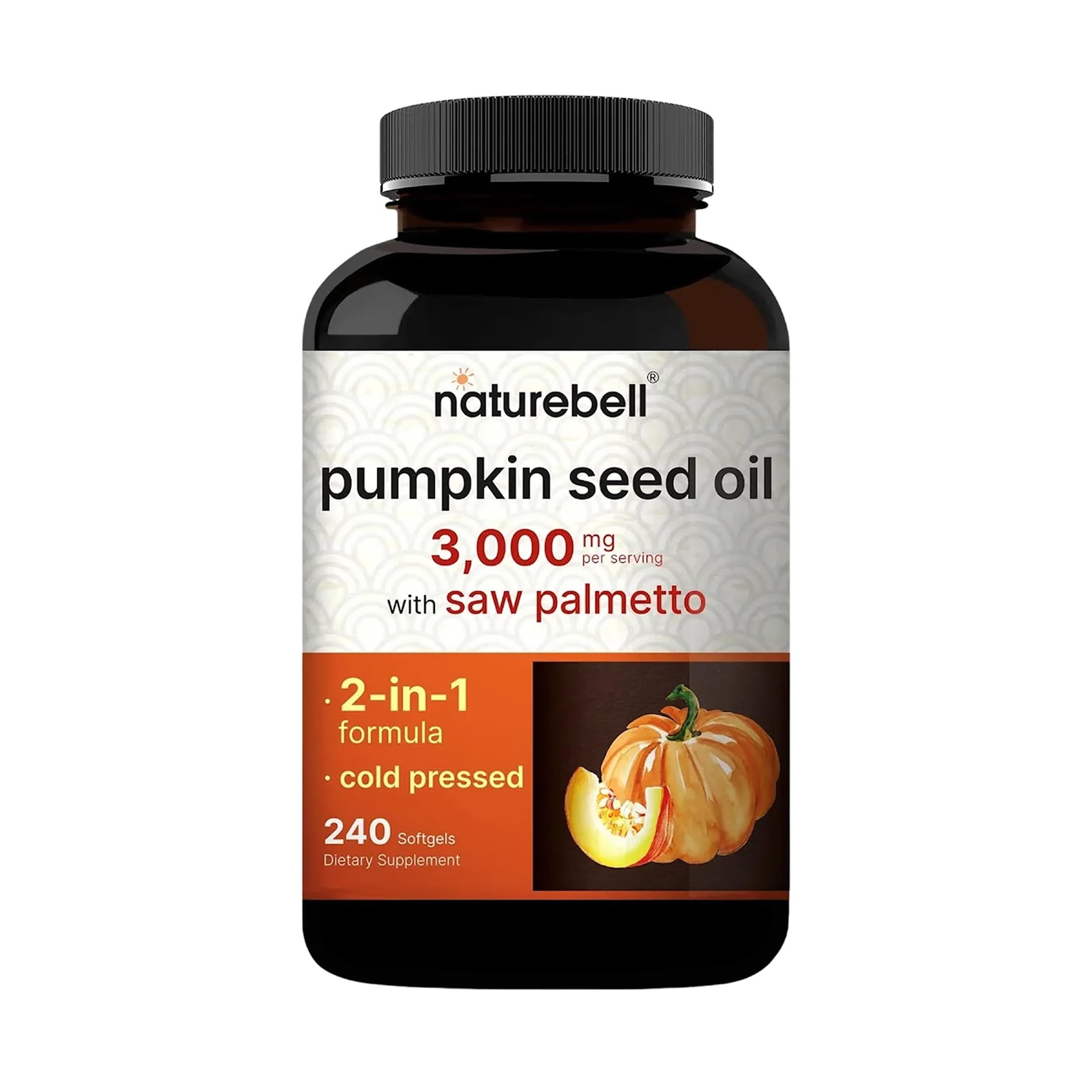 NatureBell Pumpkin Seed Oil softgels bottle highlighting omega-6 and omega-9 support for daily wellness.