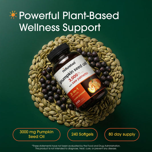 NatureBell Pumpkin Seed Oil softgels closeup shows smooth capsules for convenient daily use.