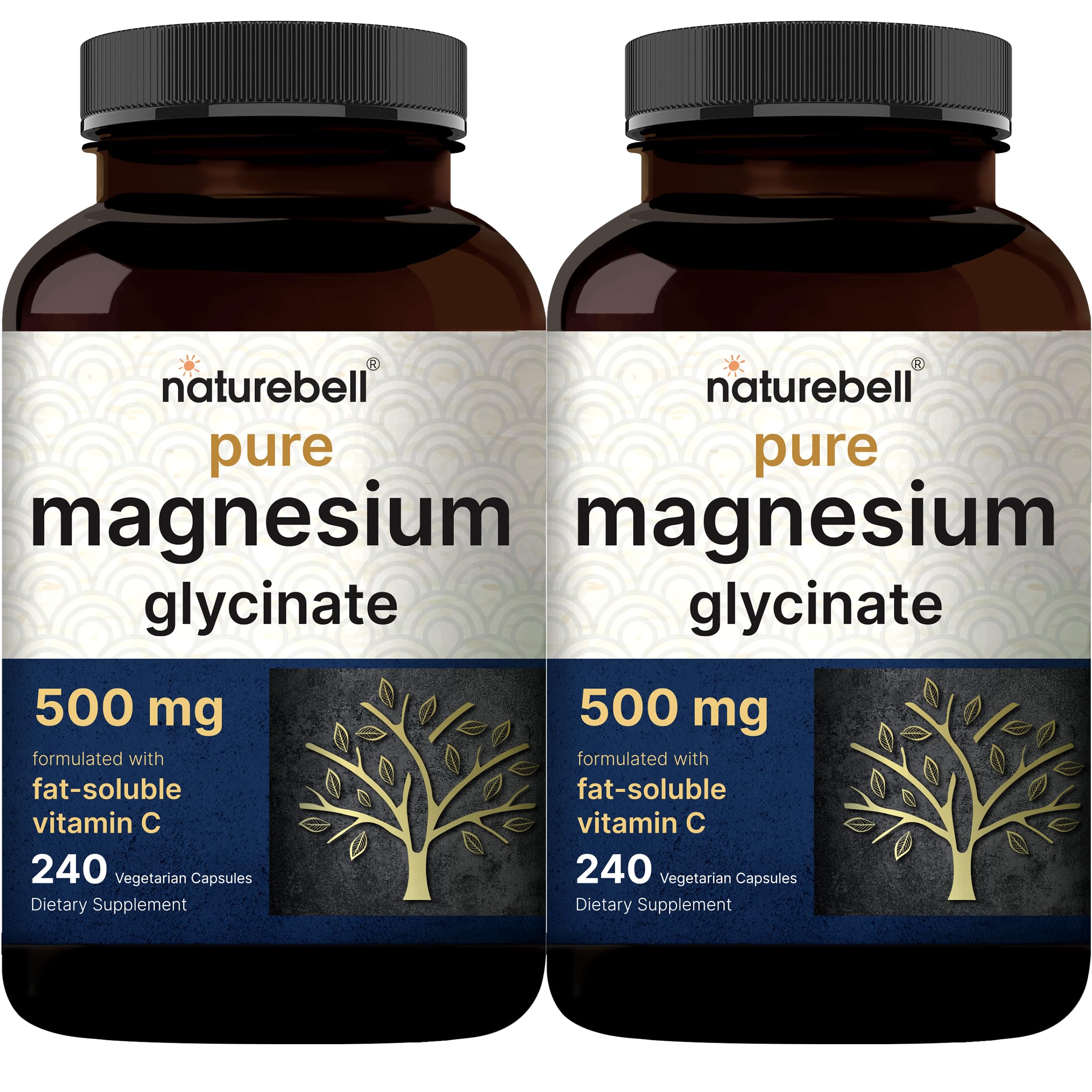NatureBell Pure Magnesium Glycinate 500mg bottle front showing clean, filler-free formula.