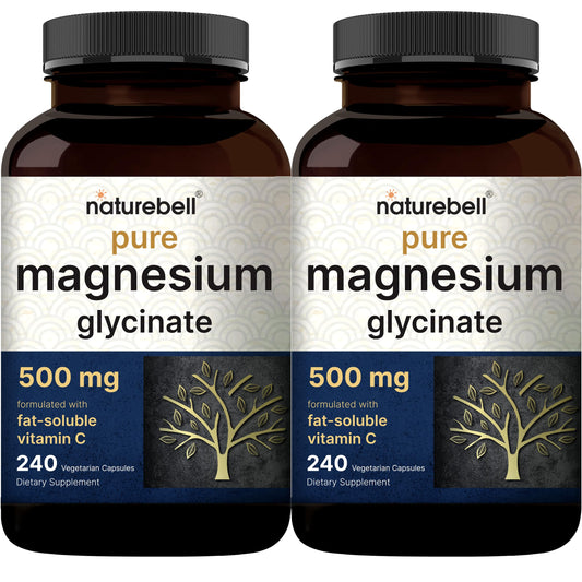 NatureBell Pure Magnesium Glycinate 500mg bottle front showing clean, filler-free formula.