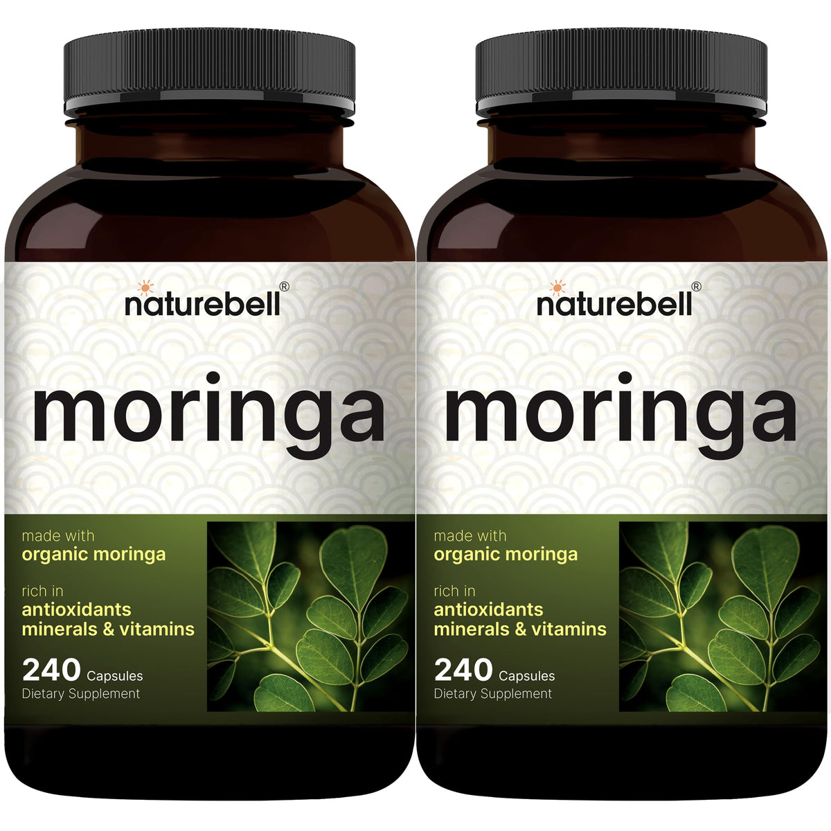 NatureBell Pure Moringa capsules bottle open, showcasing 8,000mg strength for daily energy support.