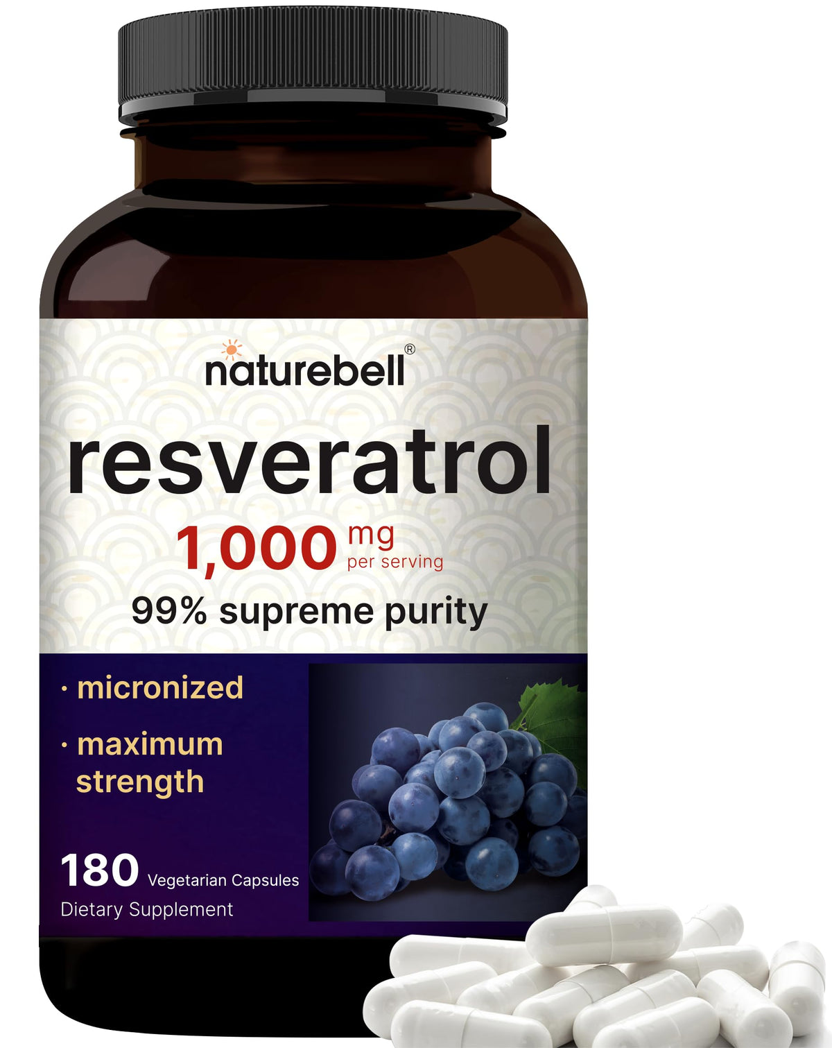 NatureBell Resveratrol bottle front view highlights antioxidant support.