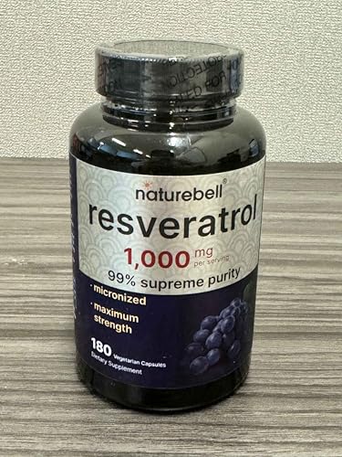 NatureBell Resveratrol bottle side view shows capsule count for daily use.
