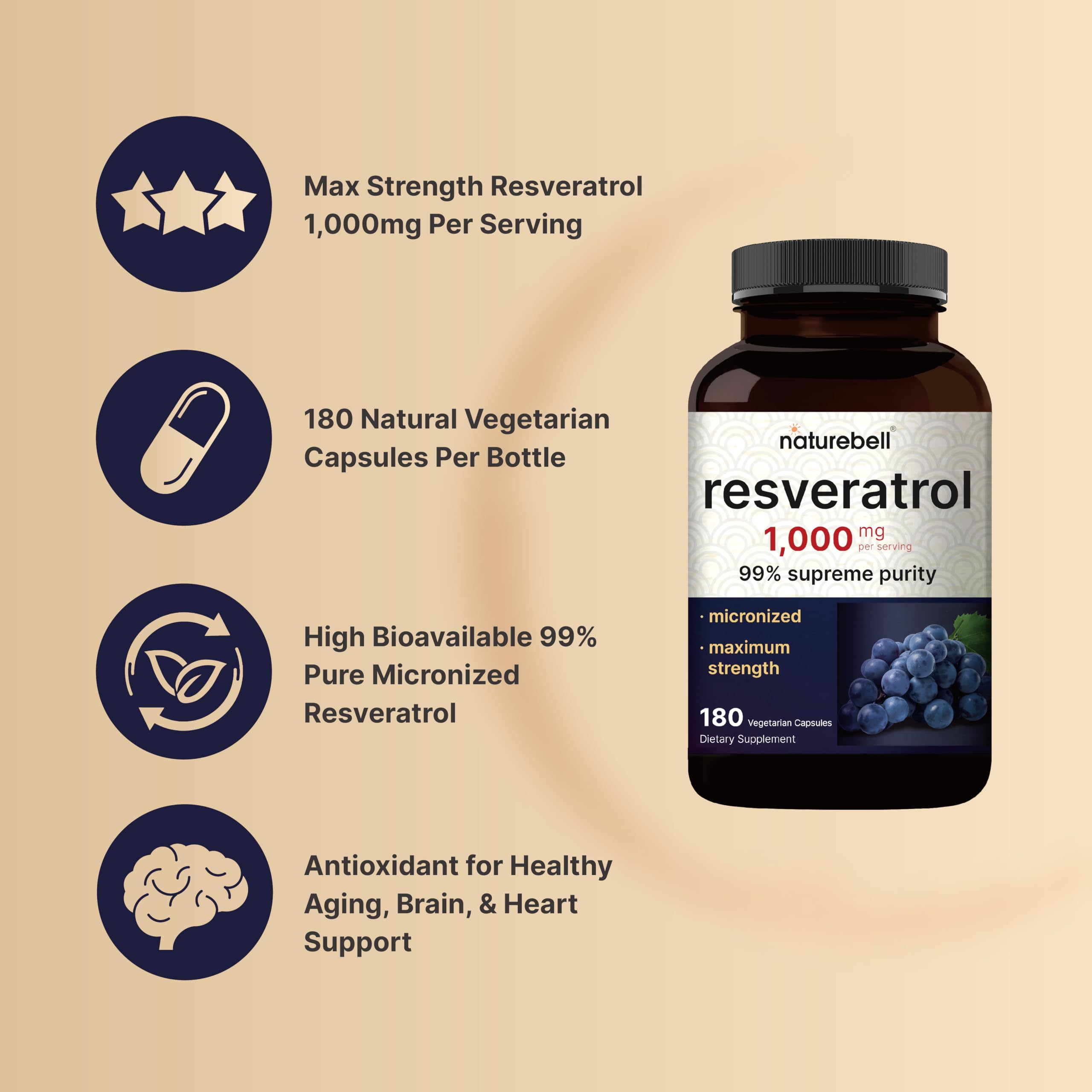 NatureBell Resveratrol packaging highlights plant-based source.