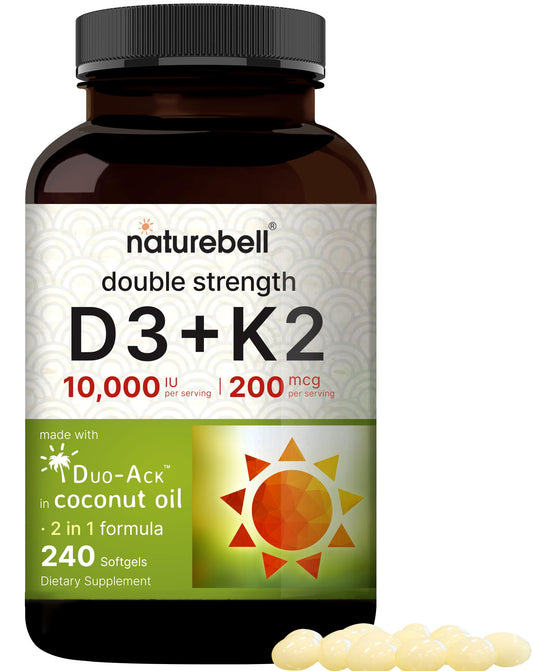 NatureBell Vitamin D3 + K2 softgels bottle showing high potency D3 and K2 for bone support