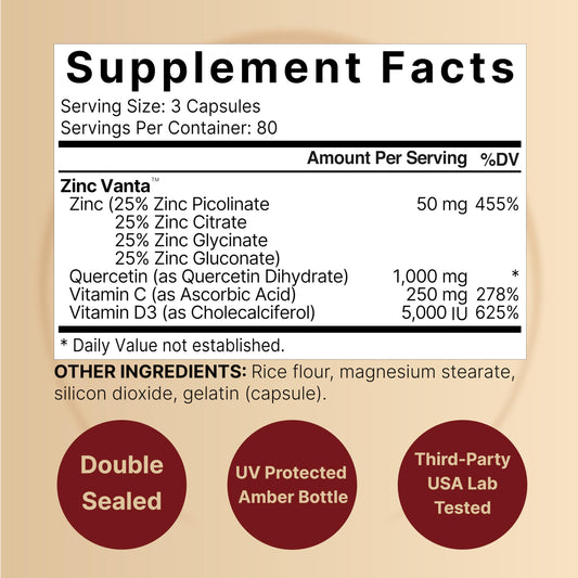 NatureBell zinc quercetin capsules close-up, easy to swallow