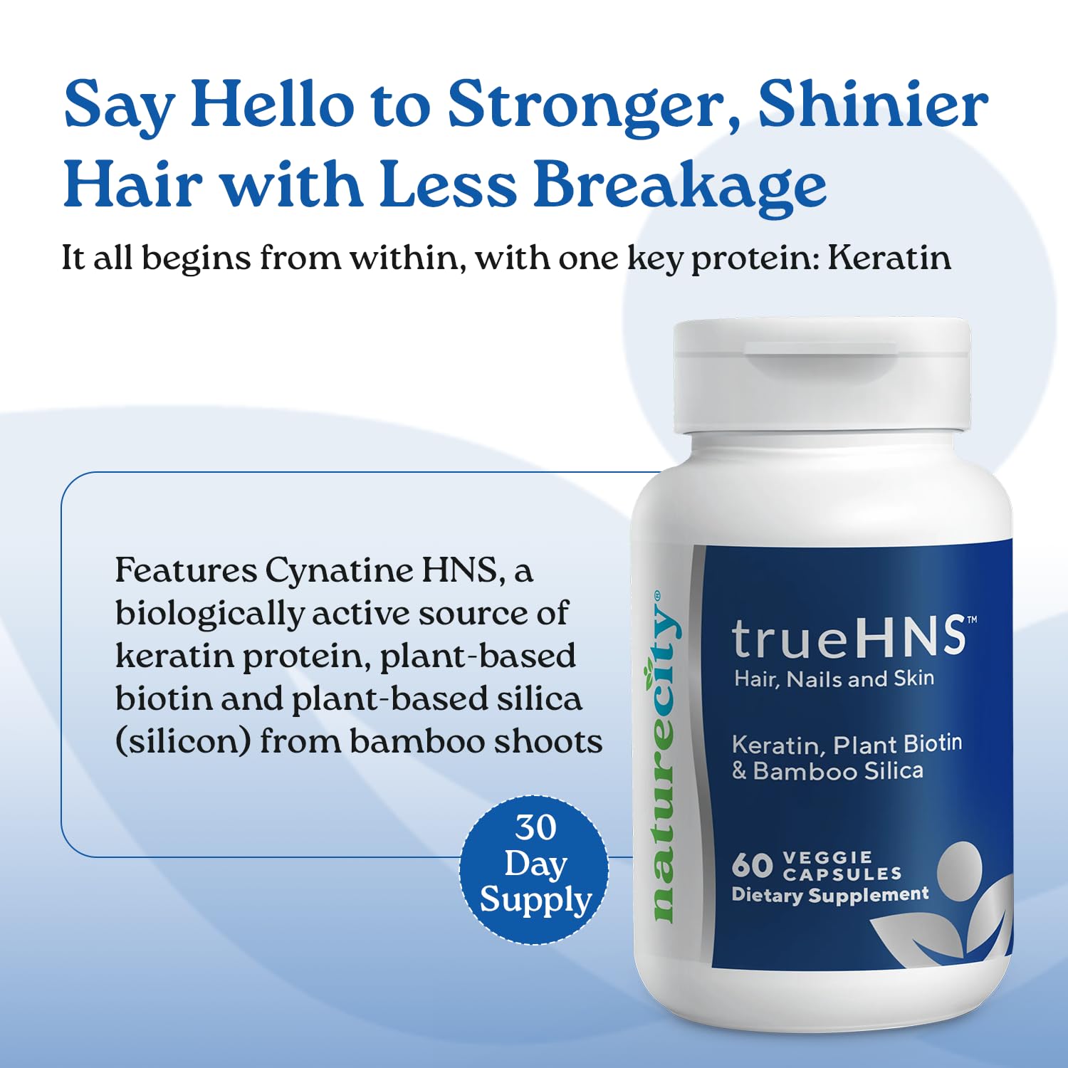 NatureCity Cynatine Keratin capsules suggesting improved hair strength and shine.