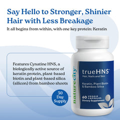 NatureCity Cynatine Keratin capsules suggesting improved hair strength and shine.